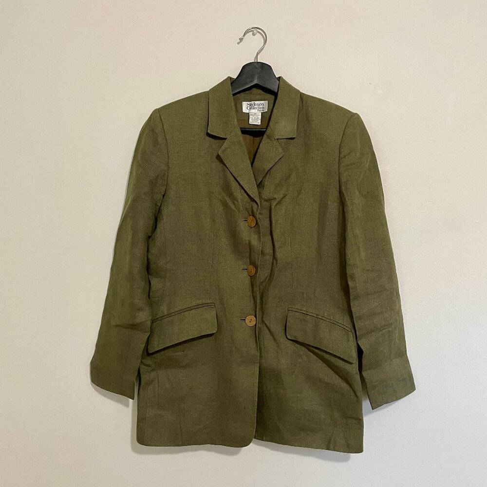 VINTAGE 90s STYLE & CO Classic Single Breasted Linen Blazer (Olive Green, 6P)